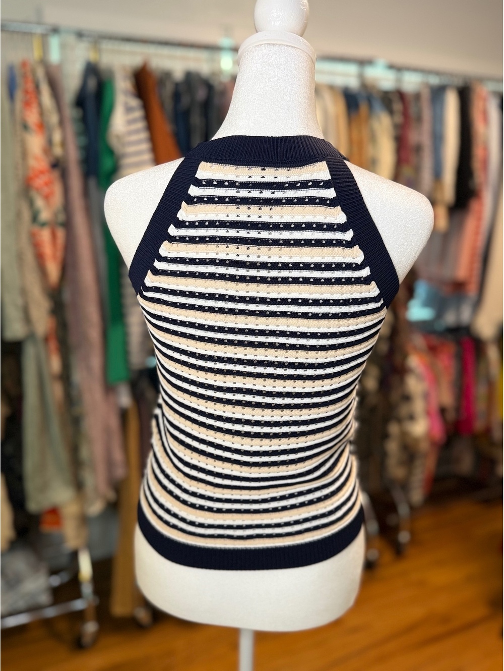 CURRENT AIR Striped Pointelle Knit Halter Tank Top Navy Cream NWT XS - Picture 3 of 6